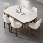 طاولة طعام خشبية رخامية مع كراسي متينة