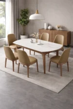 طاولة طعام خشبية رخامية مع كراسي متينة