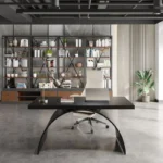 طاولة مكتب بشكل مستطيل مع قاعدة منحنية