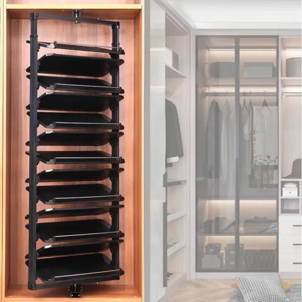 رف أحذية دوار متعدد الطبقات بتصميم عمودي عملي لتنظيم الأحذية داخل غرفة الملابس أو مدخل المنزل